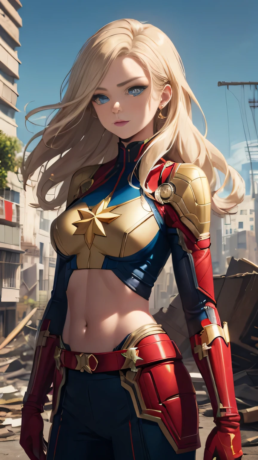 (Highly quality, masterpiece, detailed), destroyed city detailed scenario, destroyed city detailed background, solo, 1 woman, gold hair, long hair, blue eyes, cptMarvel, Cropped top 1.4, sleeves, red gloves, belt, beautiful eyes, Sexy pose
