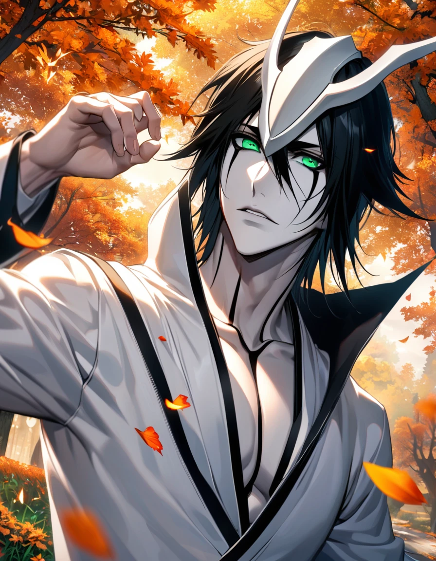 Ultra detailed, highres, absurdres, HDR, Ulquiorra cifer, black hair, green eyes, pale skin, arrancar white clothes, Bleach, handsome, 1 man only, orange leaves, petals, flowers, butterflies, autumn,