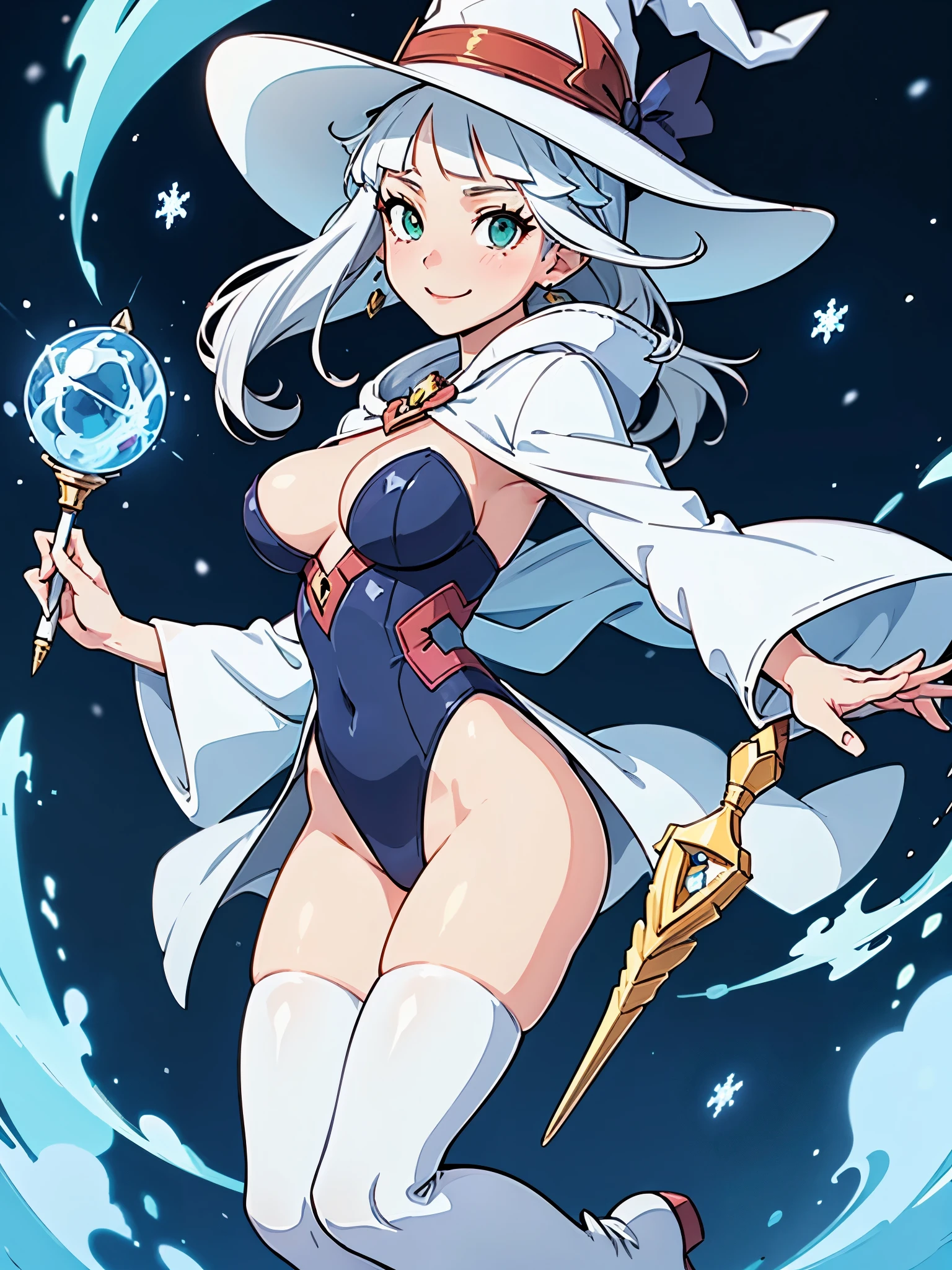 a cartoon of a woman dressed in a superhero costume holding a wand, witch academia, superhero sorceress witch, glamorous angewoman digimon, sky witch, by Aguri Uchida, maya ali as an ice mage, white tuxedo, leotard, solid white leotard with florescent blue accents, bare legs, white thigh-highs, winter boots, white witch hat, white hair, long hair, ponytail, green eyes, eye mask beautiful detailed eyes, beautiful detailed face, cute face, slightly large breasts, smile, wink, playful, flirty, age 16-18, solo, solo focus, wonder.