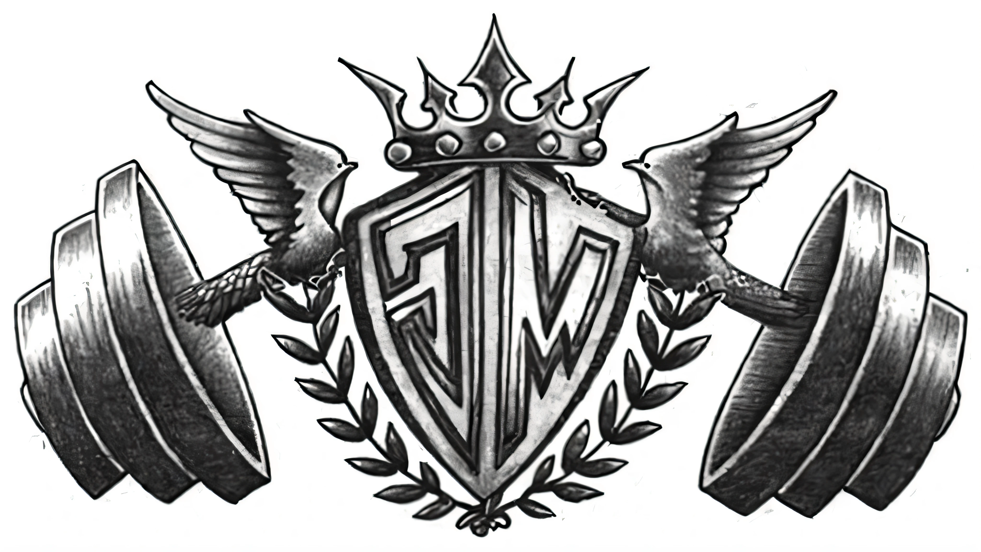 a black and white drawing of a crown and two dumb dumbs, emblem of wisdom, shoulder patch design, with trident and crown, emblem, royal insignia in background, by Elsie Few, coat of arms, family crest, by Edith Edmonds, illustrated logo, concept piece, shield emblem, symbol for the word ersatz, black metal logos, tattoo design, ultra high quality, very very high quality design.
