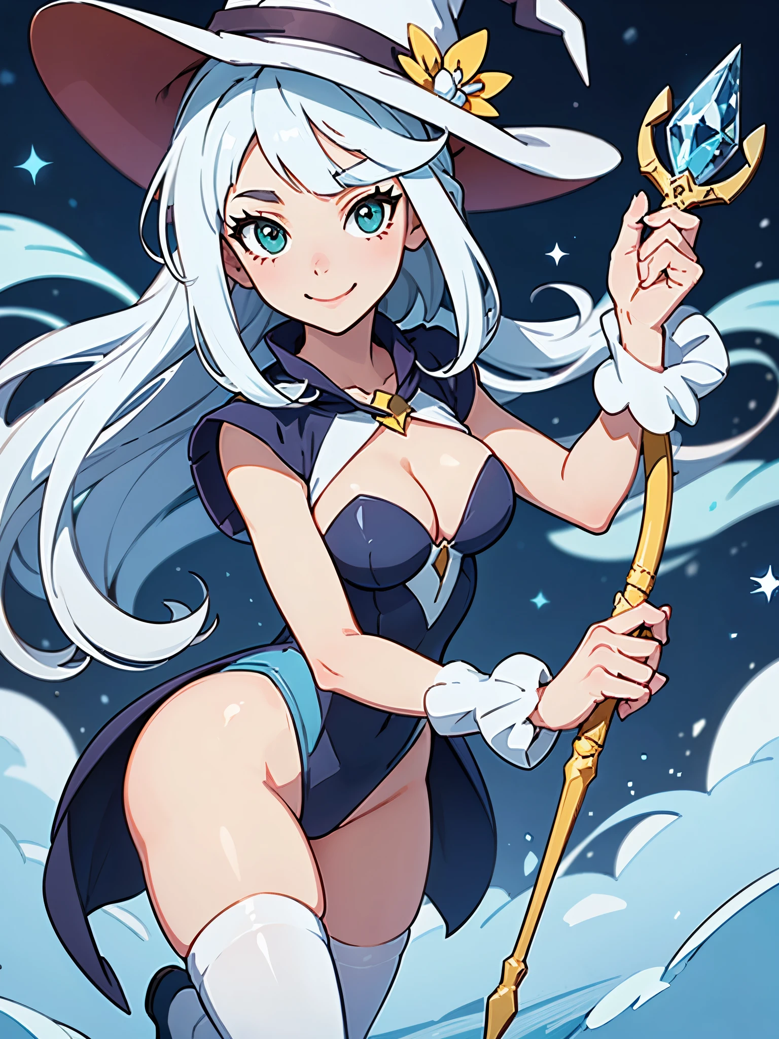 a cartoon of a woman dressed in a superhero costume holding a wand, witch academia, superhero sorceress witch, glamorous angewoman digimon, sky witch, by Aguri Uchida, maya ali as an ice mage, white tuxedo, leotard, solid white leotard with florescent blue accents, bare legs, white thigh-highs, winter boots, white witch hat, white hair, long hair, ponytail, green eyes, eye mask beautiful detailed eyes, beautiful detailed face, cute face, slightly large breasts, smile, wink, playful, flirty, age 16-18, solo, solo focus, wonder.