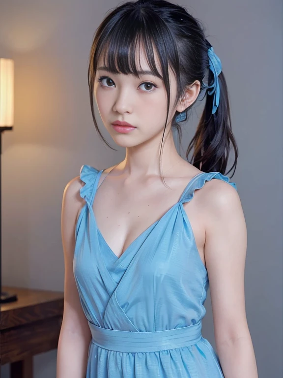 close up face,standing on stage,Blue colored long dress with lots of ruffles,One woman,masutepiece, The highest image quality, High quality, the background is clear,Beautiful woman, Japanese, Detailed, Detailed eyes, Detailed skin, Beautiful skin, 超hight resolution, (reality: 1.4),Very beautiful woman, Slightly younger face, Beautiful skin, slender, (Ultra photo realsisim), (hight resolution), (8K), (Very detailed) (beautifully detailed eyes), (super detailed), (Detailed face), view the viewer, Fine details, Detailed face, Staring straight ahead, Staring straight ahead, photos realistic, Bright lighting, Professional Lighting, Black hair,poneyTail,a ,fifteen ye is ponytail,long ponytail hairstyle,slight smile,neat and tidy clothing,Beautiful Japanese KPOP idol photo, hair style is ponytail, my eyes are double and wide, baby face, smile and look ahead, slender, small breasts,Blue ribbon on head, sexy dress