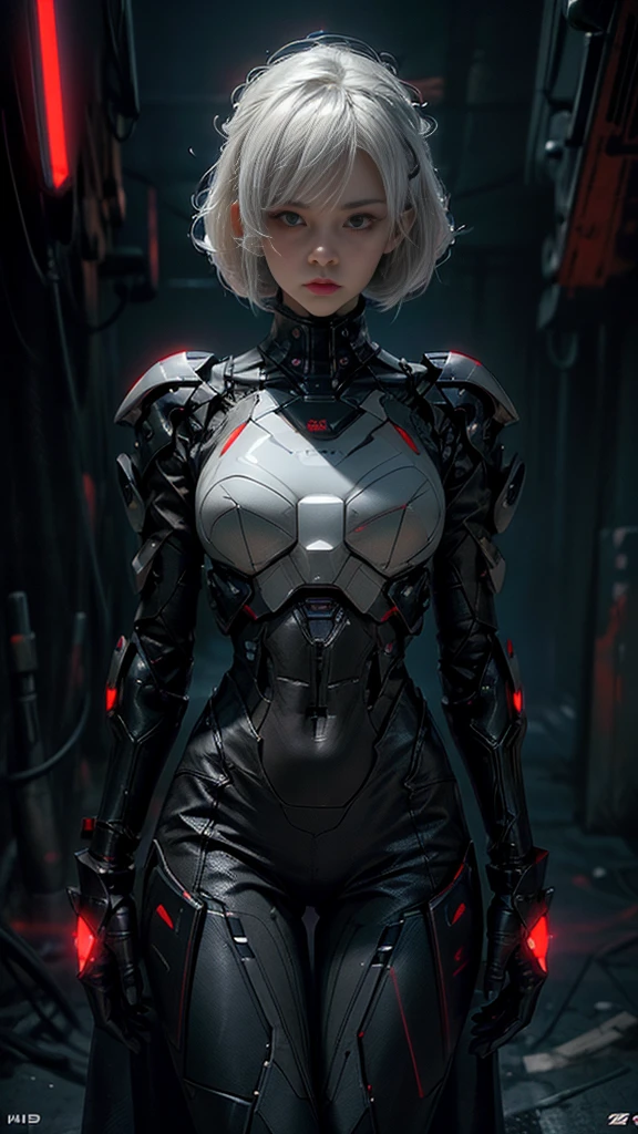 A digital illustration of a futuristic white mecha, (futuristic high-tech style),(very straight hair ,bob hairstyle), white hair, (full body length), (super cuteness), (super beautiful face), 32k UHD, C4D style, octane render, sharp focus, complex details, perfect details, highest resolution, Show shoes, 1 girl, solo, RAW, photo realistic, CG game artstyle, wearing futuristic armor and helmet, The background is a dark grey with neon red accents, creating an eerie atmosphere, The art style is inspired in the style of GG game artstyle, with a high contrast between light and shadow and futuristic elements. It is a digital art piece with a dark fantasy theme, vibrant colors, and sharp details.