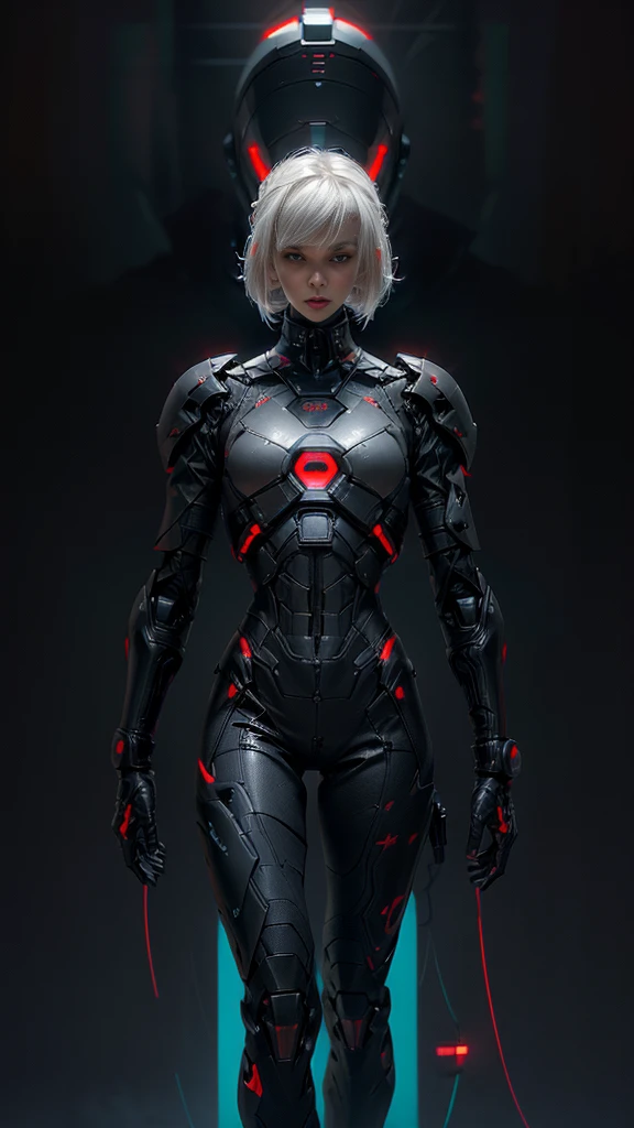 A digital illustration of a futuristic white mecha, (futuristic high-tech style),(very straight hair ,bob hairstyle), white hair, (full body length), (super cuteness), (super beautiful face), 32k UHD, C4D style, octane render, sharp focus, complex details, perfect details, highest resolution, Show shoes, 1 girl, solo, RAW, photo realistic, CG game artstyle, wearing futuristic armor and helmet, The background is a dark grey with neon red accents, creating an eerie atmosphere, The art style is inspired in the style of GG game artstyle, with a high contrast between light and shadow and futuristic elements. It is a digital art piece with a dark fantasy theme, vibrant colors, and sharp details.
