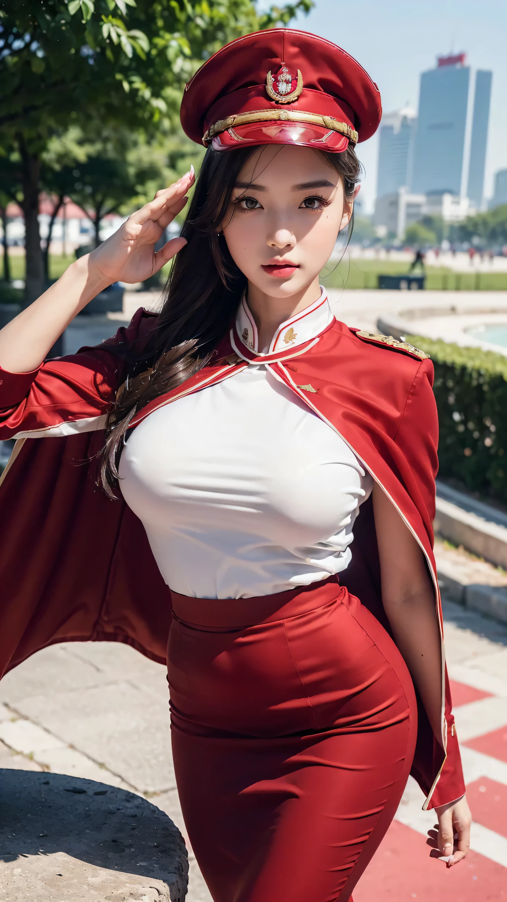 ((RAW photograph, Realistic photo, Best quality, 8K, Masterpiece: 1.3)), (raw photo:1.2), Hyperrealist portrait gorgeous Beautiful Chinese girl, young girl, , pretty body, (beautiful breasts: 1.2), very detailed eyes and face, (lustfully naughty face, natural lip, natural makeup: 1.3, blushing), beautiful detailed eyes, seductive sharp eyes, (happy expression: 1.2), smooth white skin, photo realistic, very detailed faces, (((full real formal crimson red military uniform), (crimson red pencil skirt), (military cap), ((high rank)), military cape)), (long legs: 1.2, beautiful long nails), chignon hairstyle, ((to salute the flag)), (city background)