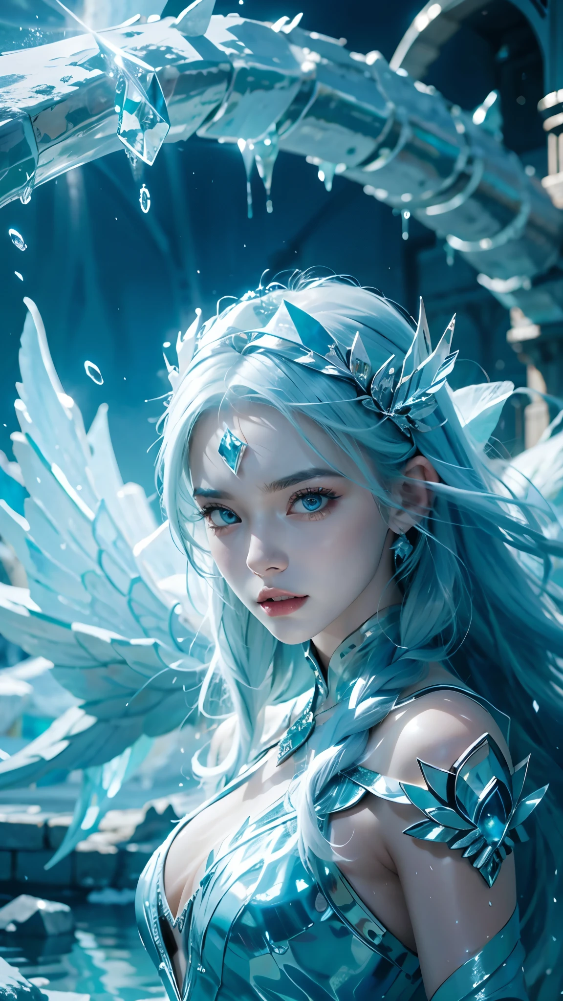 Frost Goddess,Frozen fluid,Ice World,ice,1girl,Light blue hair,air bubble,blue eyes,bubble,caustics,eyeliner,face,floating hair,Ice gemstone,jewelry,The Crown of Ice,Ice feathered hair,Ice Gemstone Metal Silver Necklace,lake,liquid hair,long hair,Ice crystal,looking at viewer,close-up,parted lips,pool,ripples,solo,splashing,teeth,underwater,wading,water,water drop,waves