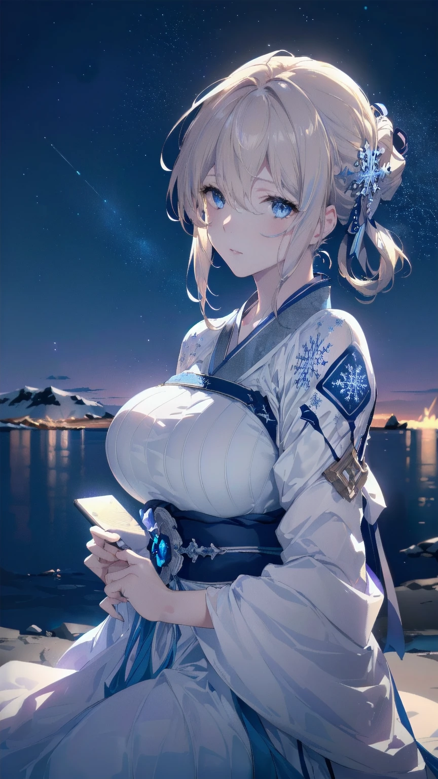 Violet Evergarden, 1 girl, solitary, Check viewers, blue eyes, blonde hair, greek clothing, spectacular starry sky, naked, Staring at the audience, Big breasts, Flying in the starry sky. (best quality, 4K, 8K, high resolution, masterpiece:1.2), Super detailed, (actual, photoactual, photo-actual:1.37), high dynamic range, ultra high definition, studio lighting, Ultra-fine coating, sharp focus, Physically based rendering, extremely detailed description, professional, bright colors, Bokeh, portrait, Purple tone, ethereal lights,(((Very attractive：2.0)))，(((Antarctica in the background)))，(((Light blue snowflake pattern blue Hanfu)))，(((extremely large breasts)))