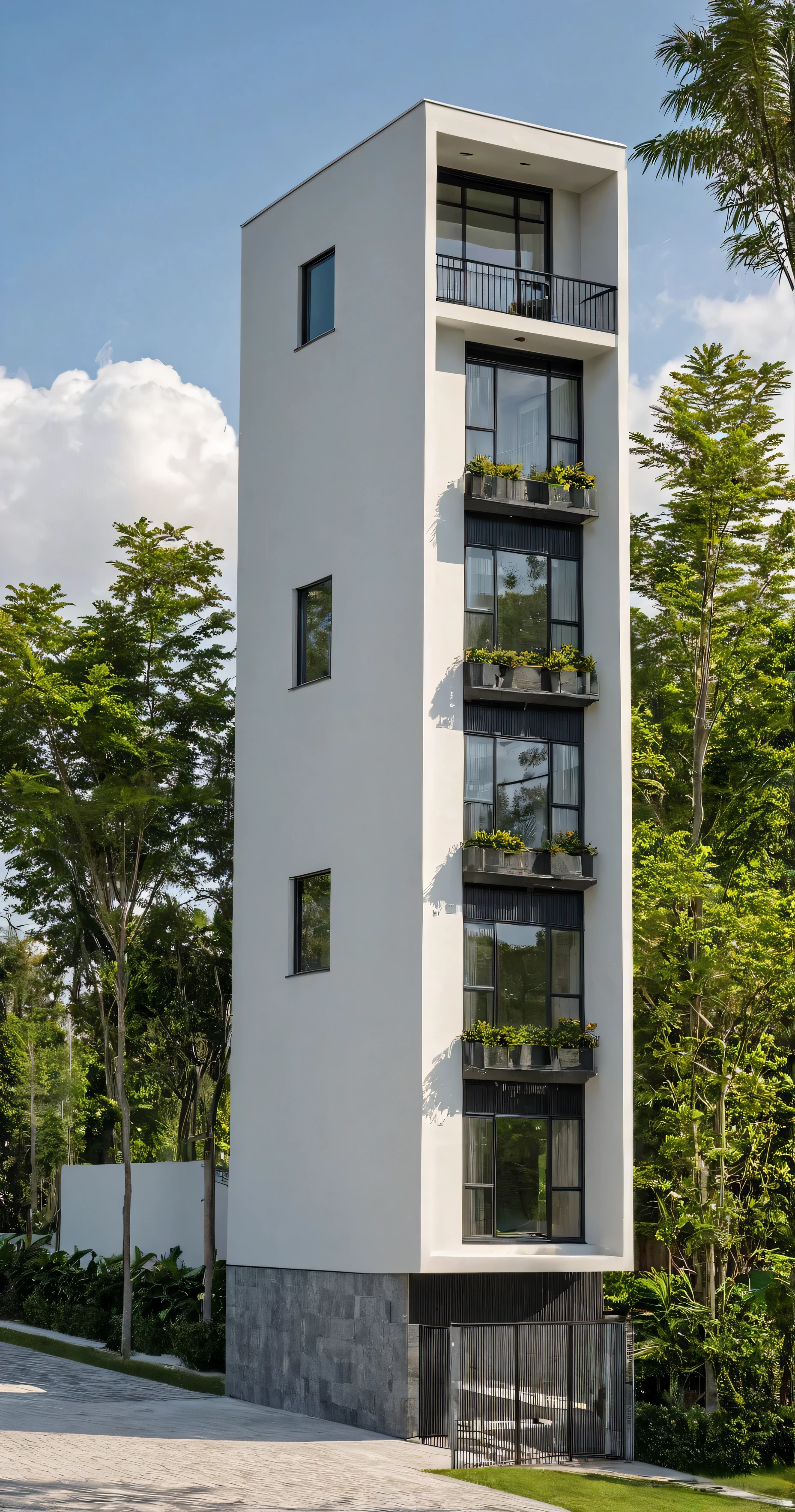 Masterpiece, high quality, best quality, authentic, super detail, outdoors, onestoreyvillaXL, aiaigroup, house style modern on the street ,stairs, white wall ,road,pavement, grass, trees, sky, cloud, (daylight:1.1)