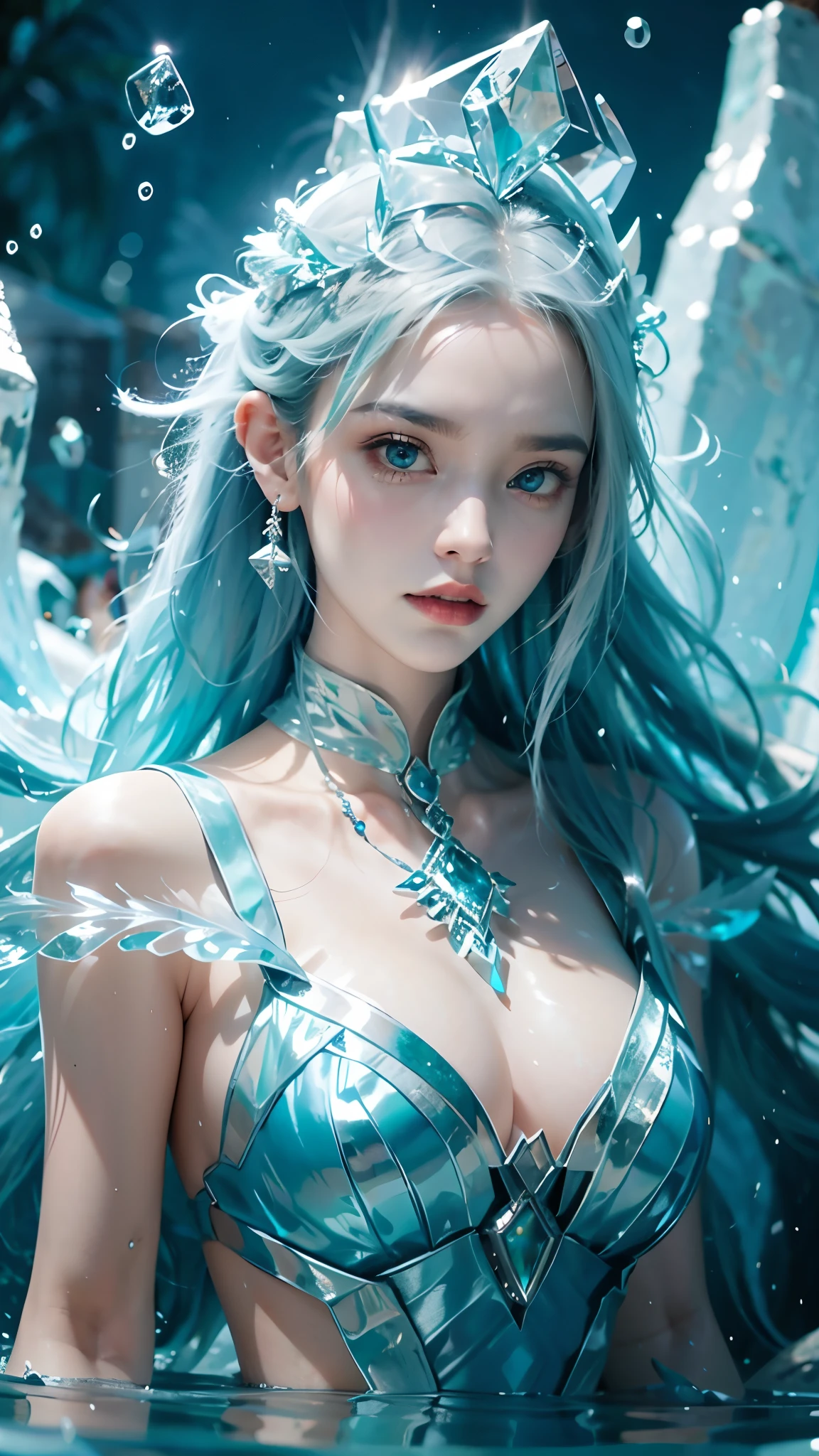 Frost Goddess,Frozen fluid,Ice World,ice,1girl,Light blue hair,air bubble,blue eyes,bubble,caustics,eyeliner,face,floating hair,Ice gemstone,jewelry,The Crown of Ice,Ice feathered hair,Ice Gemstone Metal Silver Necklace,lake,liquid hair,long hair,Ice crystal,looking at viewer,close-up,parted lips,pool,ripples,solo,splashing,teeth,underwater,wading,water,water drop,waves