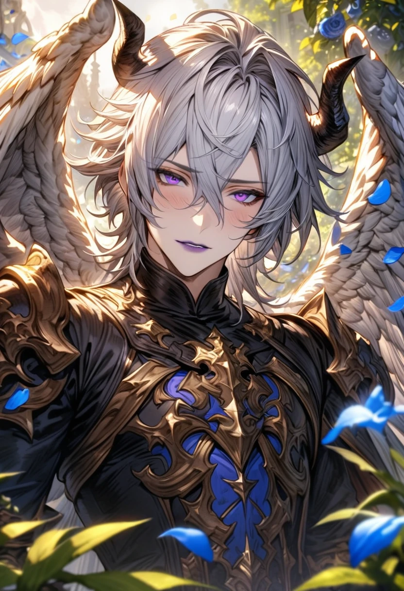 absurdres, highres, ultra detailed, HDR), masterpiece, Azazel, short white hair, hair between the eyes, expressive purple eyes, 1man, handsome, granblue fantasy, garden, blue flowers, blue petals, black clothes, angel wings, purple lips, demon, black horns