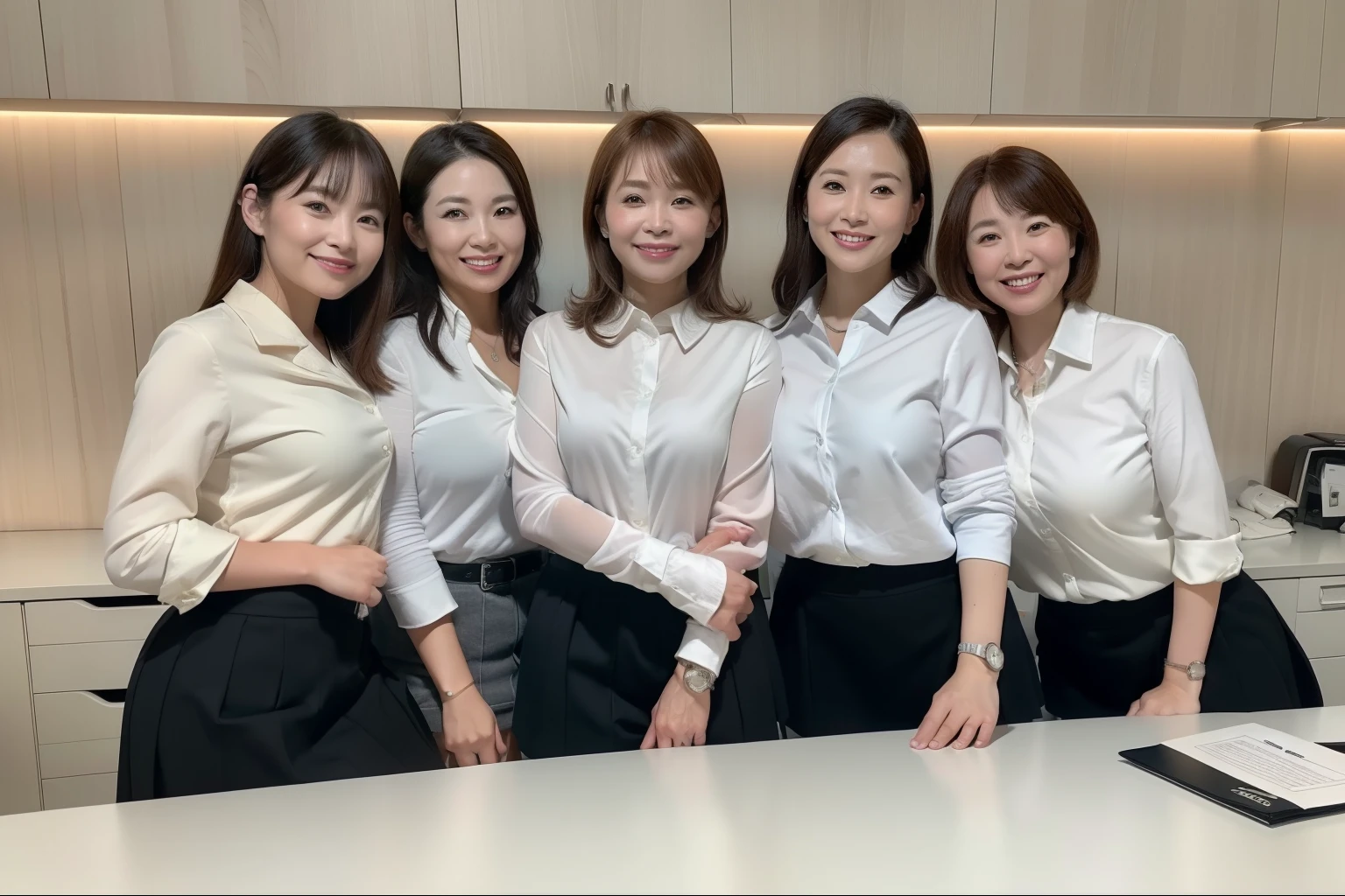 ((highest quality, 8K, Representative works in detail, ultra high resolution)), (Group photo), (looking at the viewer), (middle shot:), 5 attractive business mature women, 5 people, a little chubby:0.25, white collared shirt, gray skirt, (sitting cross-legged on the desk in the office)), smile, CEO's Office,