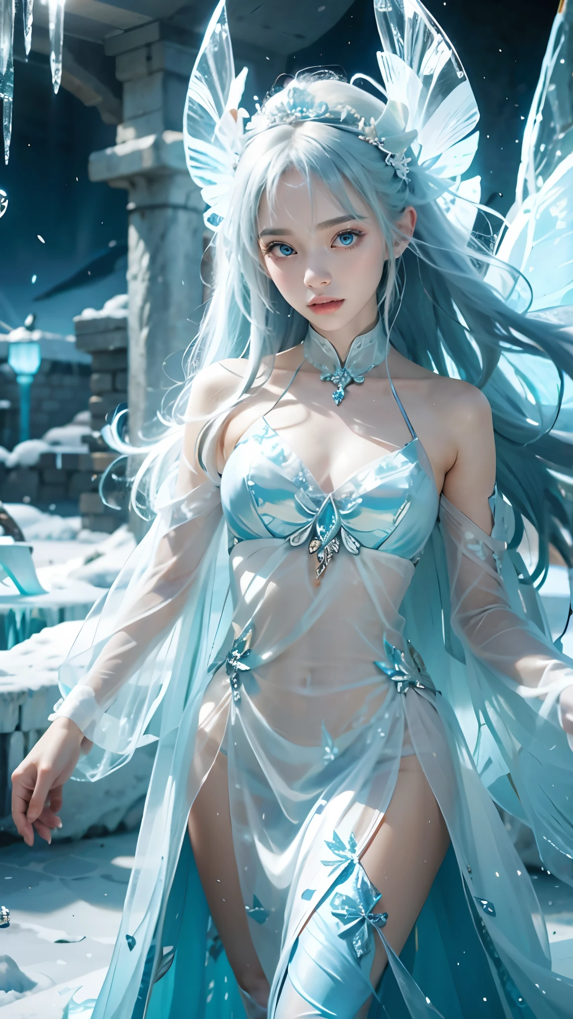 Frost Goddess,Frozen fluid,Ice World,ice,1girl,Translucent clothing,air bubble,blue butterfly,blue eyes,blue nails,breasts,Positive, character on the right, upper body, above knee level,Dynamic pose,bubble,Blue butterfly wings,butterfly wings,crystal,dress,glowing butterfly,long hair,looking at viewer,medium breasts,parted lips,solo,water