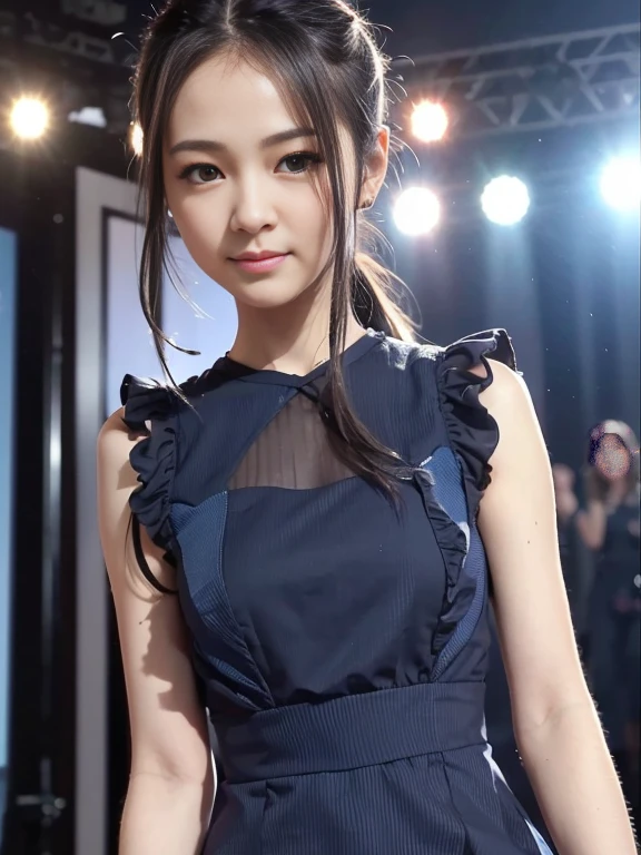close up face,standing on stage,Blue colored long dress with lots of ruffles,One woman,masutepiece, The highest image quality, High quality, the background is clear,Beautiful woman, Japanese, Detailed, Detailed eyes, Detailed skin, Beautiful skin, 超hight resolution, (reality: 1.4),Very beautiful woman, Slightly younger face, Beautiful skin, slender, (Ultra photo realsisim), (hight resolution), (8K), (Very detailed) (beautifully detailed eyes), (super detailed), (Detailed face), view the viewer, Fine details, Detailed face, Staring straight ahead, Staring straight ahead, photos realistic, Bright lighting, Professional Lighting, Black hair,poneyTail,a baby face,fifteen years old,Hairstyle is ponytail,long ponytail hairstyle,slight smile,neat and tidy clothing,Beautiful Japanese KPOP idol photo, hair style is ponytail, my eyes are double and wide, baby face, smile and look straight ahead, slender, small breasts,Blue ribbon on head, sexy dress