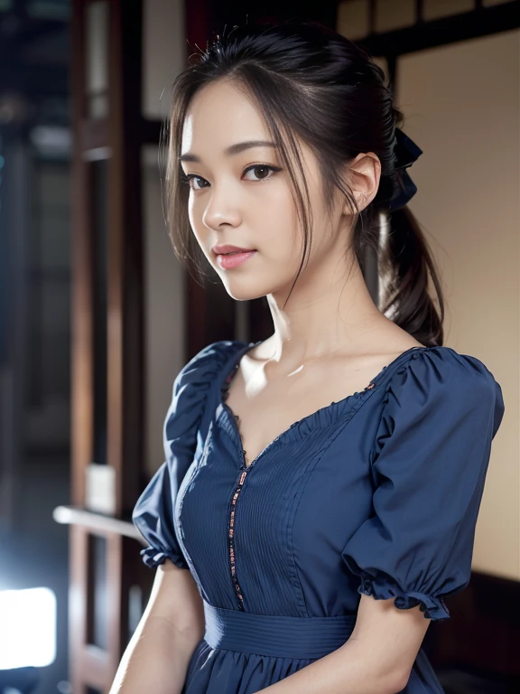 close up face,standing on stage,Blue colored long dress with lots of ruffles,One woman,masutepiece, The highest image quality, High quality, the background is clear,Beautiful woman, Japanese, Detailed, Detailed eyes, Detailed skin, Beautiful skin, 超hight resolution, (reality: 1.4),Very beautiful woman, Slightly younger face, Beautiful skin, slender, (Ultra photo realsisim), (hight resolution), (8K), (Very detailed) (beautifully detailed eyes), (super detailed), (Detailed face), view the viewer, Fine details, Detailed face, Staring straight ahead, Staring straight ahead, photos realistic, Bright lighting, Professional Lighting, Black hair,poneyTail,a baby face,fifteen years old,Hairstyle is ponytail,long ponytail hairstyle,slight smile,neat and tidy clothing,Beautiful Japanese KPOP idol photo, hair style is ponytail, my eyes are double and wide, baby face, smile and look straight ahead, slender, small breasts,Blue ribbon on head, sexy dress