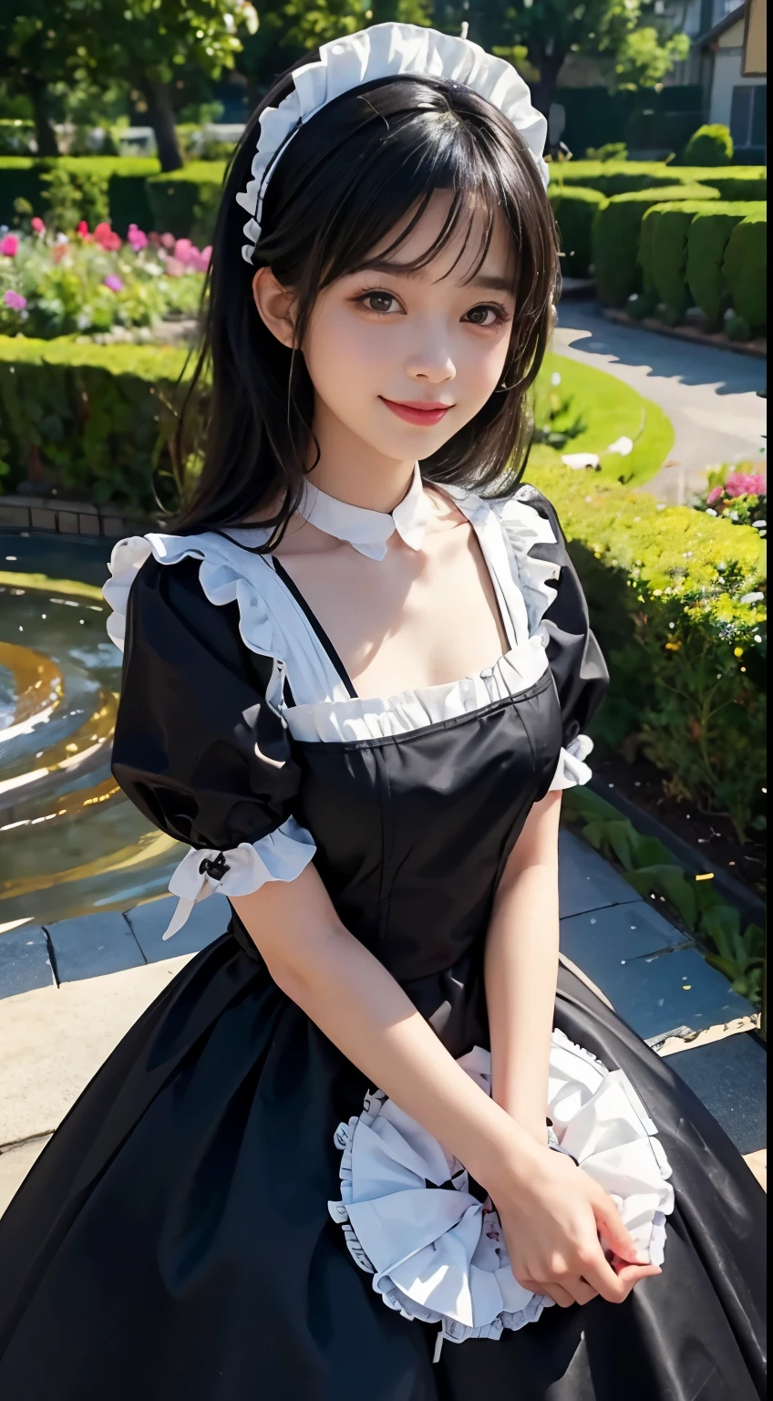 ((masterpiece)), ((highest quality、Ultra high definition)), (Very detailed),8K、Photo quality、((Amazingly cute girl)), , Two people, , (Beautiful emerald blue eyes), ((smile)),In the open-air bath overlooking the sea, Beautifully arranged black hair in twin tails、whole body、(Super high-end white see-through summer gothic lolita maid costA super mini skirt with lots of frills)、Professional Lighting、(White lace knee-highs)、