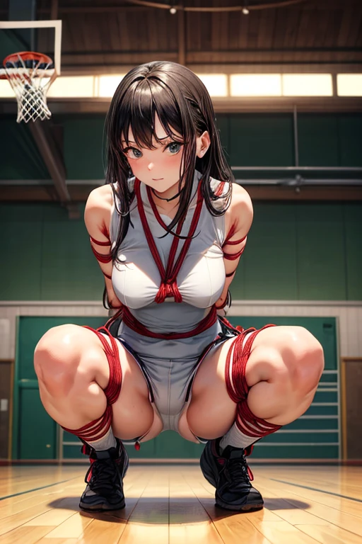 (From before:1.5), from below, full body, focus only, 24 year old beautiful girl, squat,spread legs, (basketballのユニフォーム:1.2), shorts, (shibari:1.4), analog style, (arms behind), Restrained legs and arms, looking at the viewer, (embarrassing:1.3), black hair, middle hair, school gymnasium, basketball, indoor, (masterpiece, highest quality:1.3)