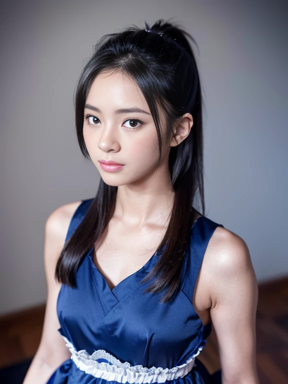 close up face,standing on stage,Blue colored long dress with lots of ruffles,One woman,masutepiece, The highest image quality, High quality, the background is clear,Beautiful woman, Japanese, Detailed, Detailed eyes, Detailed skin, Beautiful skin, 超hight resolution, (reality: 1.4),Very beautiful woman, Slightly younger face, Beautiful skin, slender, (Ultra photo realsisim), (hight resolution), (8K), (Very detailed) (beautifully detailed eyes), (super detailed), (Detailed face), view the viewer, Fine details, Detailed face, Staring straight ahead, Staring straight ahead, photos realistic, Bright lighting, Professional Lighting, Black hair,poneyTail,a baby face,fifteen years old,Hairstyle is ponytail,long ponytail hairstyle,slight smile,neat and tidy clothing,Beautiful Japanese KPOP idol photo, hair style is ponytail, my eyes are double and wide, baby face, smile and look straight ahead, slender, small breasts,Blue ribbon on head, sexy dress
