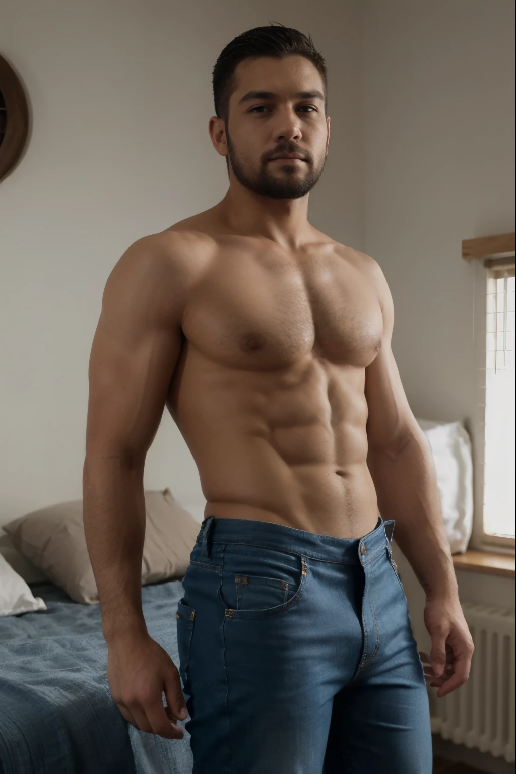 Hombre musculoso, guapo, barbon, limpio musculoso, (((pantalones cortos diminutos), Sin camisa, dormitorio, Bulto, cuerpo completo, con jeans, frontside 