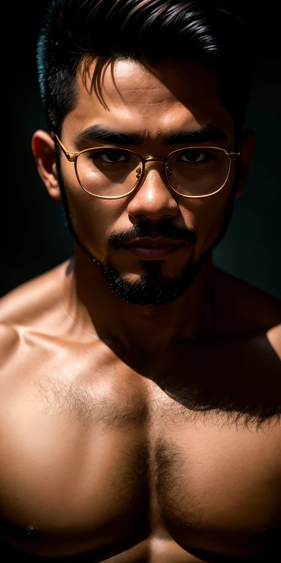 8K, alta qualidade, foto macro, ultrarealistic fotorealistic cinematic image of 20-year-old lightskin caramelized colorskin brown colour man, com um corte de cabelo curto e desbotado, sem camisa e com corpo em forma, Wearing black pants, influenciador, foto, detalhado, corpo perfeito, wearing cartier glasses, ultra realistic, textura realista, sem cores falsas, tudo parece hiper-realista, sem muitos efeitos, Capture this image with a high-resolution fotograph using an 85mm lens for a flattering perspective.