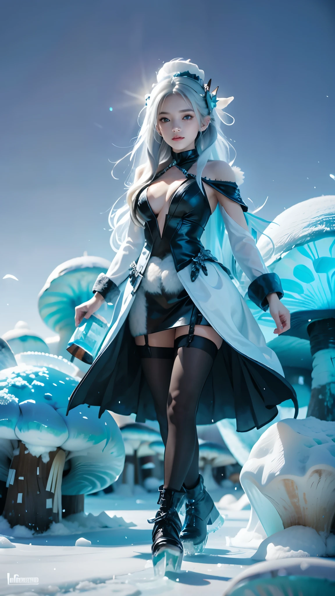 Frost Goddess,Frozen fluid,Ice World,ice,1girl,black legwear,boots,breasts,fur trim,The huge ice mushroom on the head,Ice pillars, ice mushrooms,Frozen ground,full body,grey eyes,hair ornament,long hair,looking at viewer,outdoors,pantyhose,silver hair,smile,solo,standing