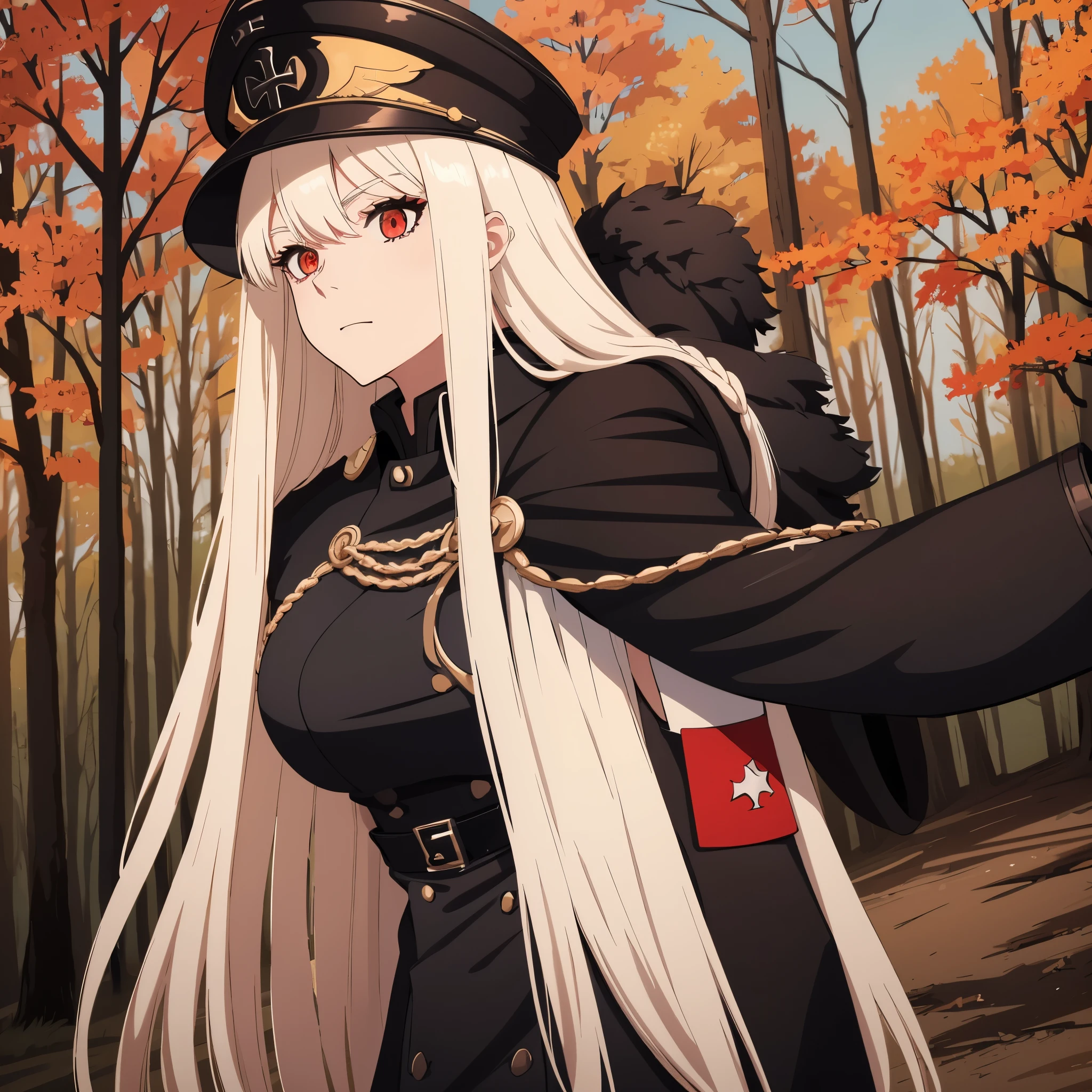 a woman wearing a black gothic style military uniform, black military hat with gold details, iron cross symbol on the military hat, long white hair, red eyes, black boots, in an autumn themed forest, well detailed kommandeurwagen, parked,,HDR, very detailed, ultra resolution, masterpiece. 8k hd.
