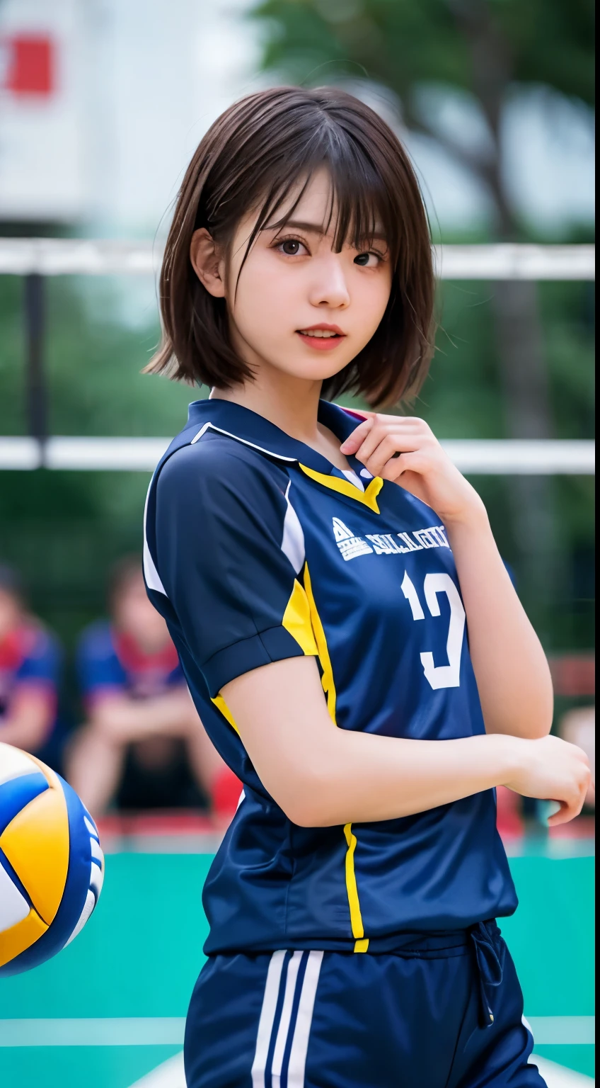 table top, highest quality, 8K, 15 year old student, teen, Raw photo, absurd, award-winning portraits, mouth, alone, night, neon, idol face, violaces, gardenia, delicate girl, Upper body, Digital single-lens reflex camera, looking at the viewer, Frank, Sophisticated, Zola々right, thin arms, professional lighting, film grain, chromatic aberration, (Eye and face details:1.0), (Bokeh:1.1) , volleyball uniform , short hair