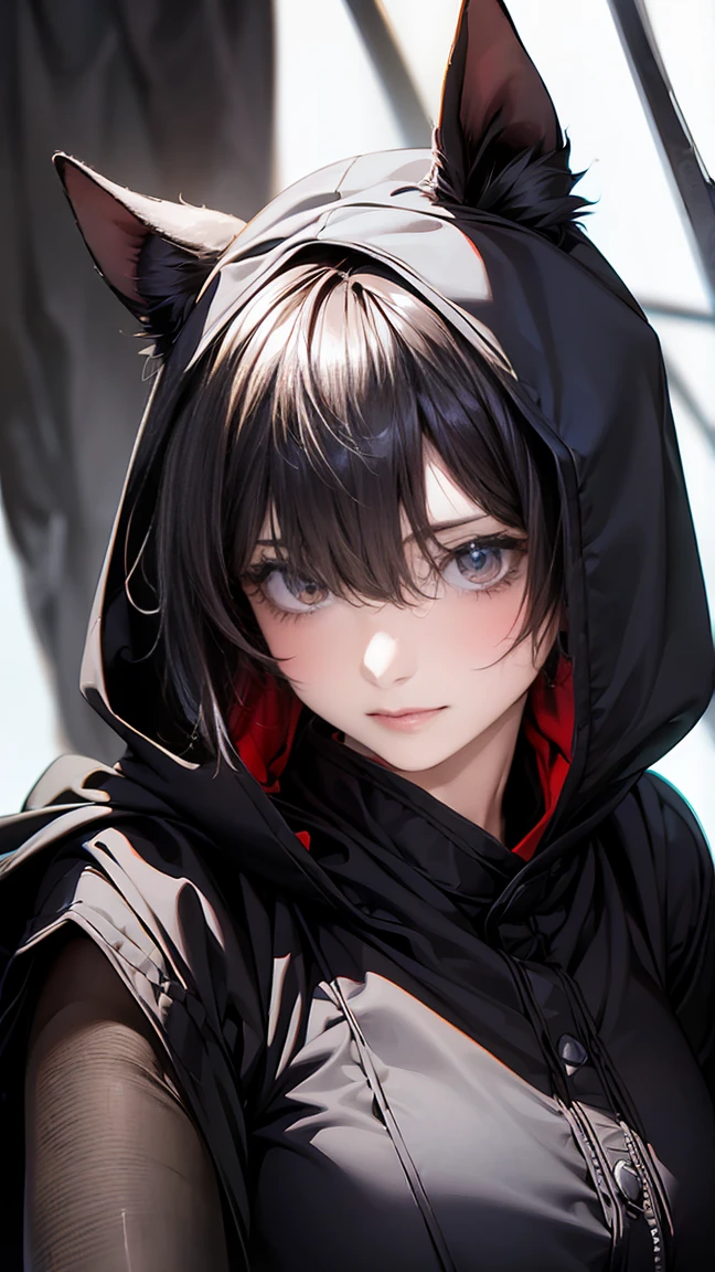 highest quality、masterpiece、8K、realistic、ultra high resolution、very delicate and beautiful、HDR、cinematic lighting、medium range shooting、portrait、perfect female body、Beautiful woman、mature woman、Contrasting、put your hand on your head、look at the audience、((short hair:1.6, black hair))、((Female Ninja from Another World Fantasy:1.6、Black clothing that blends into the darkness:1.3、hooded cloak))、Eyes of the Night、Shadow Power