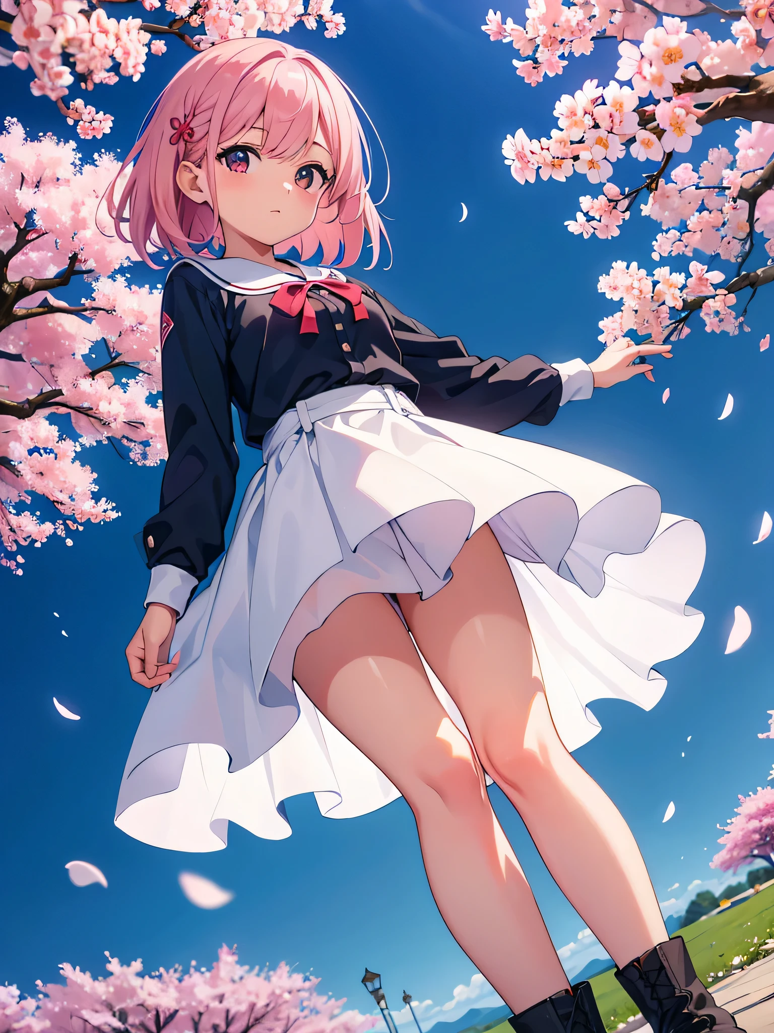 Filas de cerezos en flor en el parque　Cherry blossoms in full bloom　Elementary school girl　8 years　pecho plano　PELO NEGRO　pelo largo　los ojos son morados　（（1 person））　Uniforme marinero manga larga blanco parte superior del cuerpo　Minifalda bajo cuerpo azul marino　bragas blancas　calcetines blancos　botas deportivas　Tumbado en la hierba bajo el cerezo　Sakura petals are dancing.　buscar　Levanta las rodillas y separa un poco las piernas.（（I can see bragas blancas））　dynamic angle　low angle