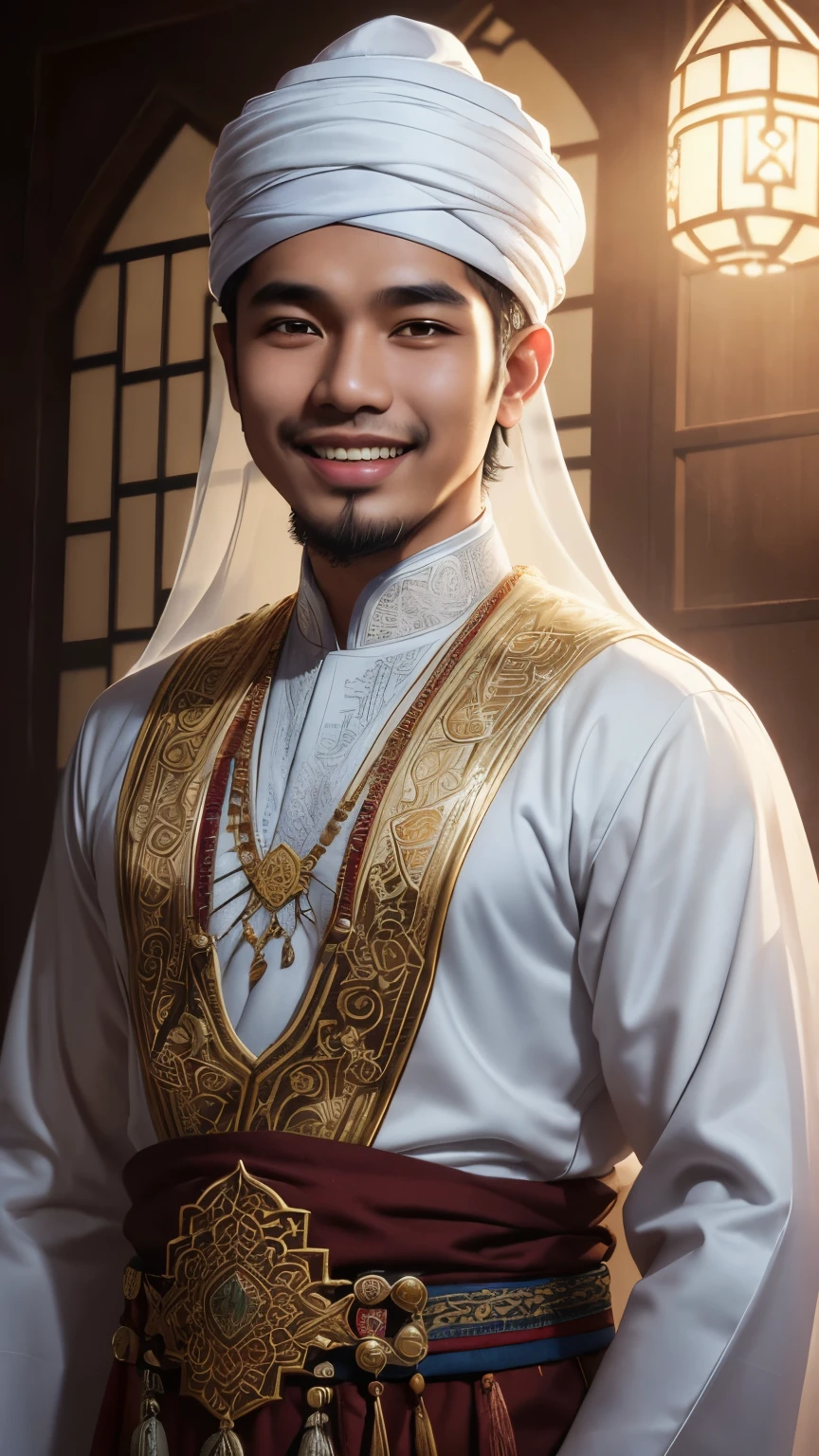 (an Indonesian, muslim man,smiling,polite),(abstract background,hazing fog),(detailed eyes,detailed lips),best quality,ultra-detailed,realistic:1.37,(Islamic art,traditional clothing, kopiah hat),(vivid colors,soft color tones),(soft lighting,ethereal glow)