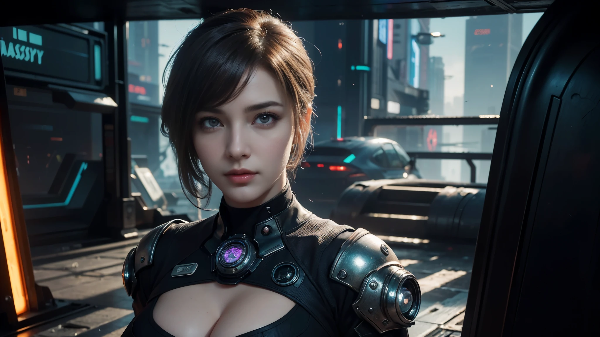 masterpiece,best quality,high resolution,8k,(portrait photo:1.5),(R Original Photo),real picture,digital photography,(Combination of cyberpunk and fantasy style),(policewoman),,Random hairstyle,purple eyes,through bangs,(red eye breasts, Accessories,Keep your mouth shut,Elegant and charming,Serious and arrogant,Calm and handsome,(Cyberpunk combined with fantasy style clothing,hollow-carved design,big breasts,photo poses,Realistic style,gray world background,oc render reflection texture,futuristic city,Medium distance photography