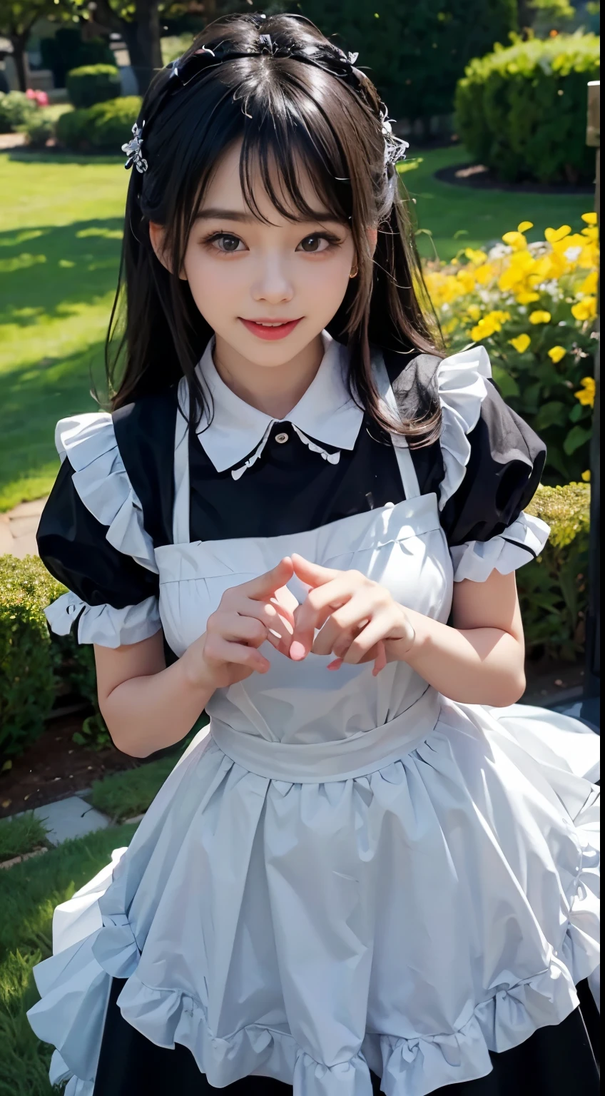 top-quality、​8K Masterpiece、Draw the face in detail、1  girl、 wearing maid costume、kawaii pose、professional lighting、Happy expression、Shiny black hair、perfect anatomy、garden