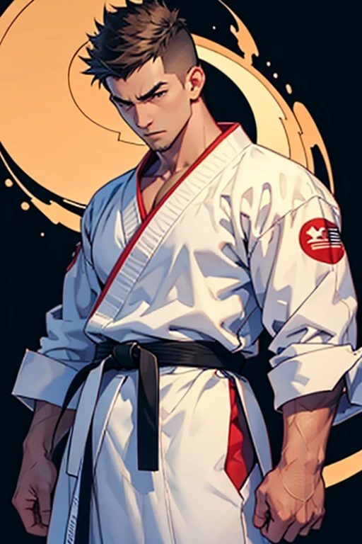 Guy in a karate gi looking down with fists at his side