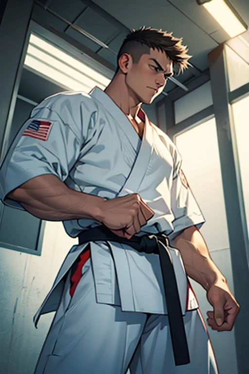 Guy in a karate gi looking down with fists at his side