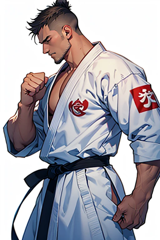 Guy in a karate gi looking down with fists at his side