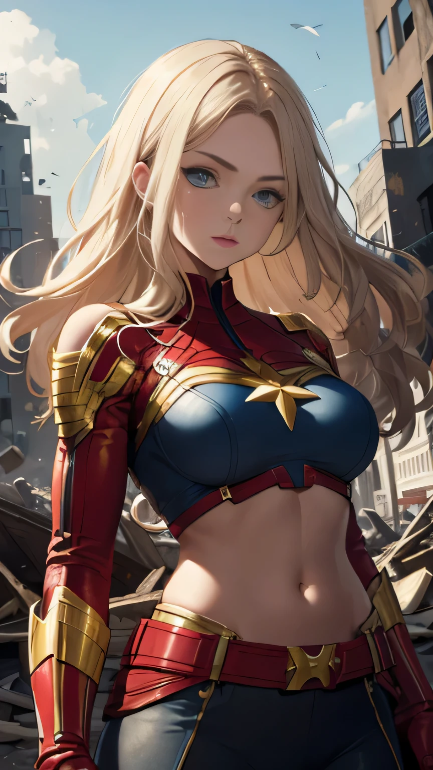 (Highly quality, masterpiece, detailed), destroyed city detailed scenario, destroyed city detailed background, solo, 1 woman, gold hair, long hair, blue eyes, cptMarvel, Cropped top 1.4, sleeves, red gloves, belt, beautiful eyes, Sexy pose