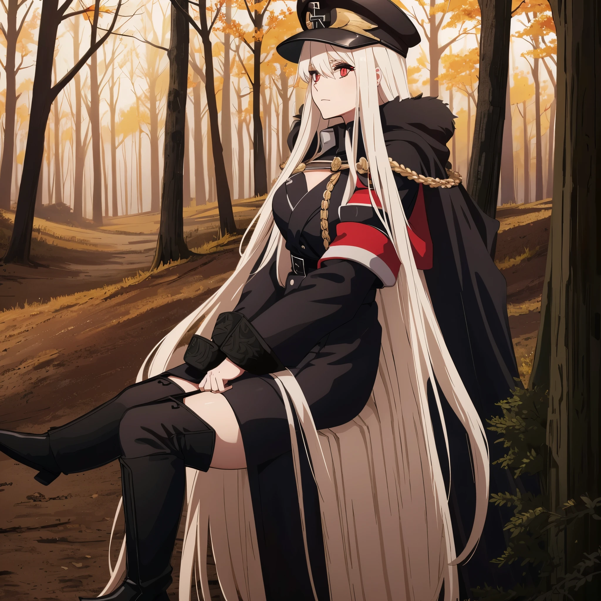 a woman wearing a black gothic style military uniform, black military hat with gold details, iron cross symbol on the military hat, long white hair, red eyes, black boots, in an autumn themed forest, (just one woman, solo),HDR, very detailed, ultra resolution, masterpiece. 8k hd.
