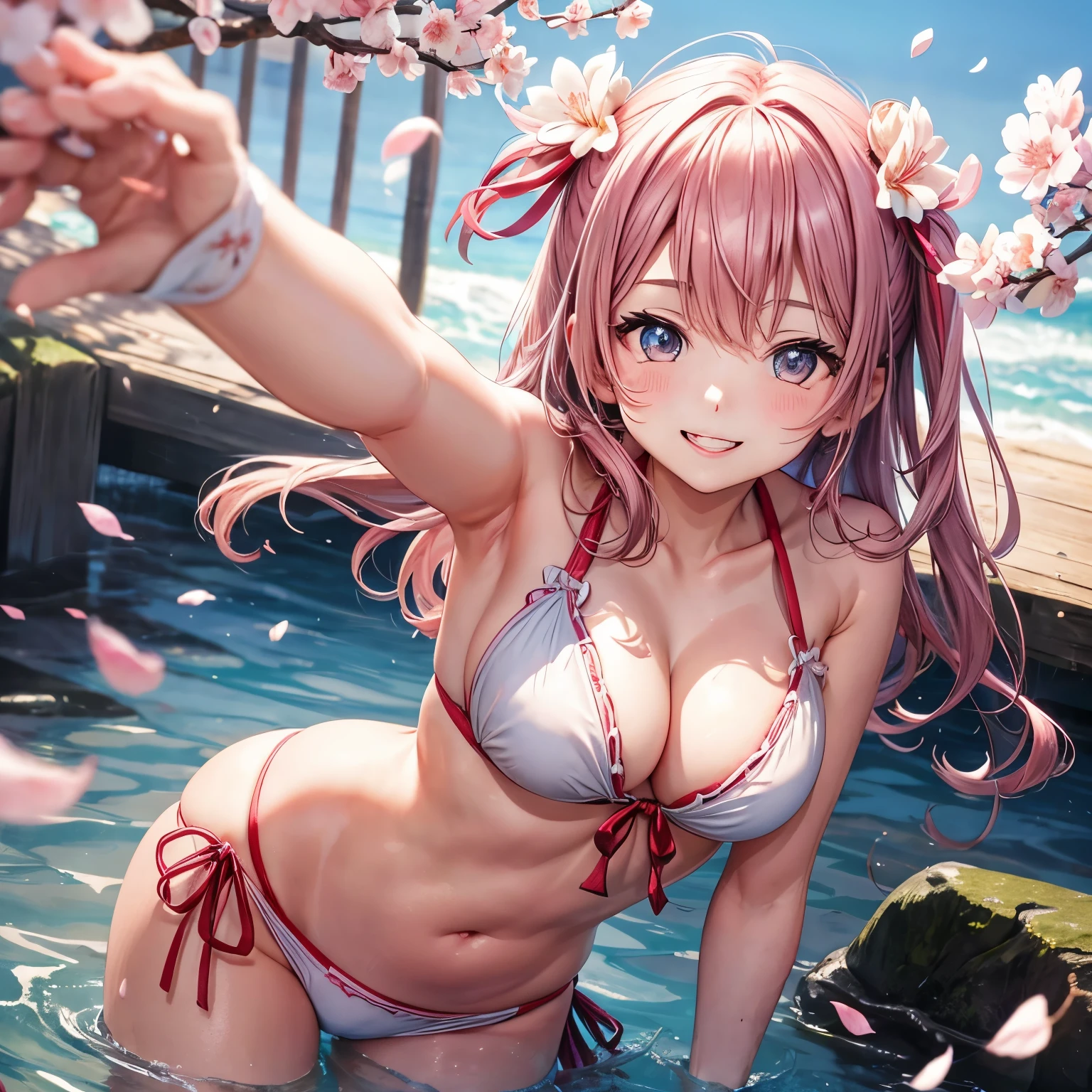 Cute face like an 18-year-old idol smile gently Bikini figure Describe the whole body Slightly larger bust Cherry blossom petals are falling Raw photo genuine