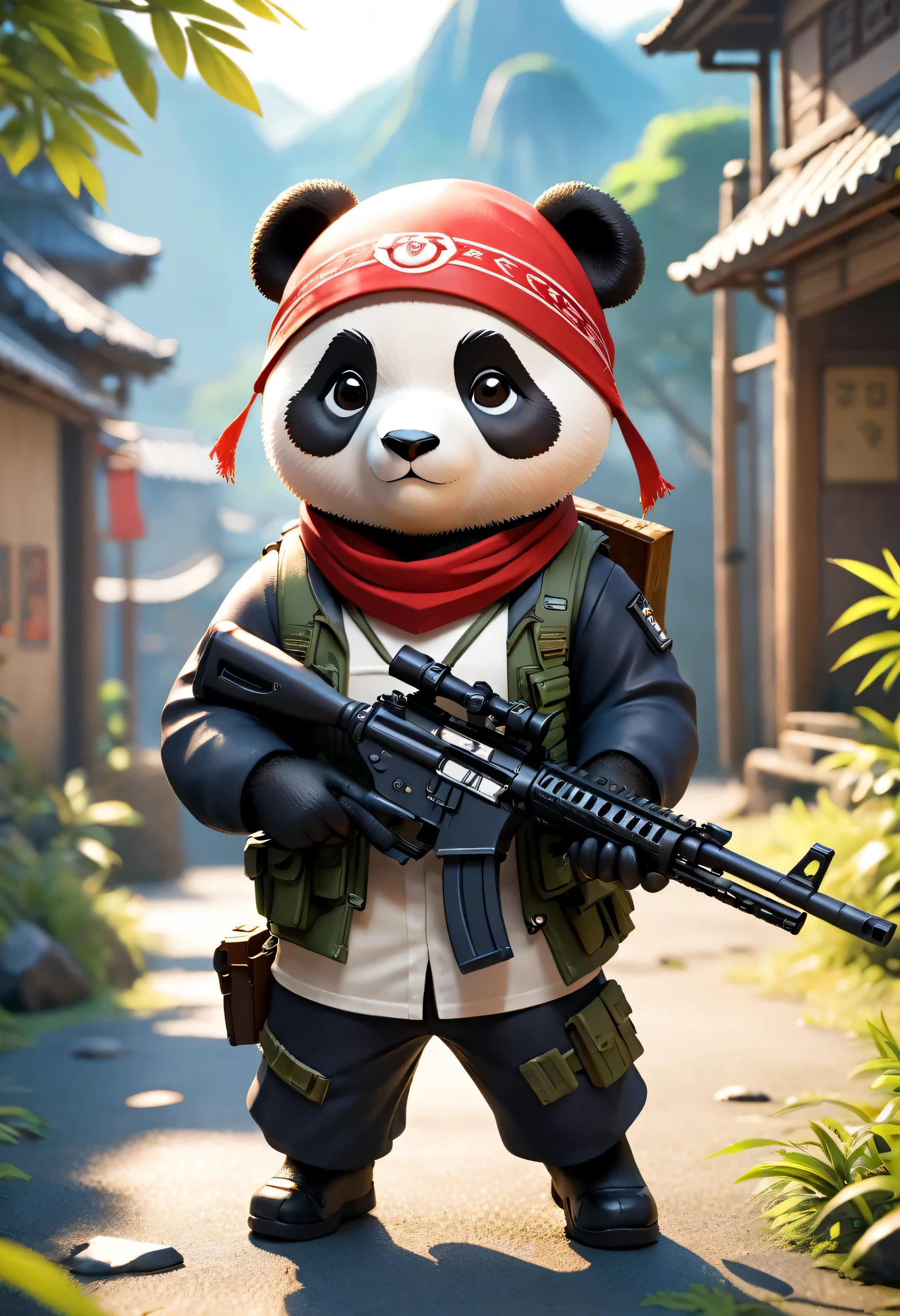 Full body Esbian、Cool Panda、Pop Panda、Diorama、simple background、bandana、holding a rifle in hand、best quality, Capture super cute moments, Depth of the bounds written, Super detailed, Super high resolution, octadale, 8K, 16 km race