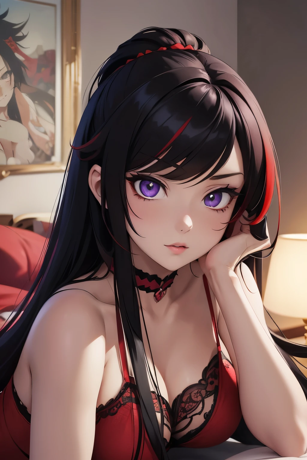 a woman wearing red lingerie, laying on a bed, seductive anime girl, beautiful goth anime girl, detailed digital anime art, black and red hair, goth anime girl with black hair and red hair, black hair with red highlights, beautiful anime girl, beautiful alluring anime woman, masterpiece, detailed hands, medium length hair with red highlights, hair tied up, detailed face, thigh focus, symmetrical eyes, detailed eyes, prominent pupil, 8k eyes, purple eyes,
