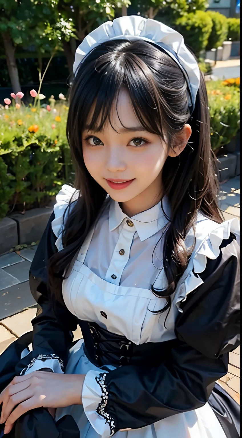 top-quality、​8K Masterpiece、Draw the face in detail、1 childish girl、 wearing maid costume、kawaii pose、professional lighting、Happy expression、Shiny black hair、perfect anatomy、garden