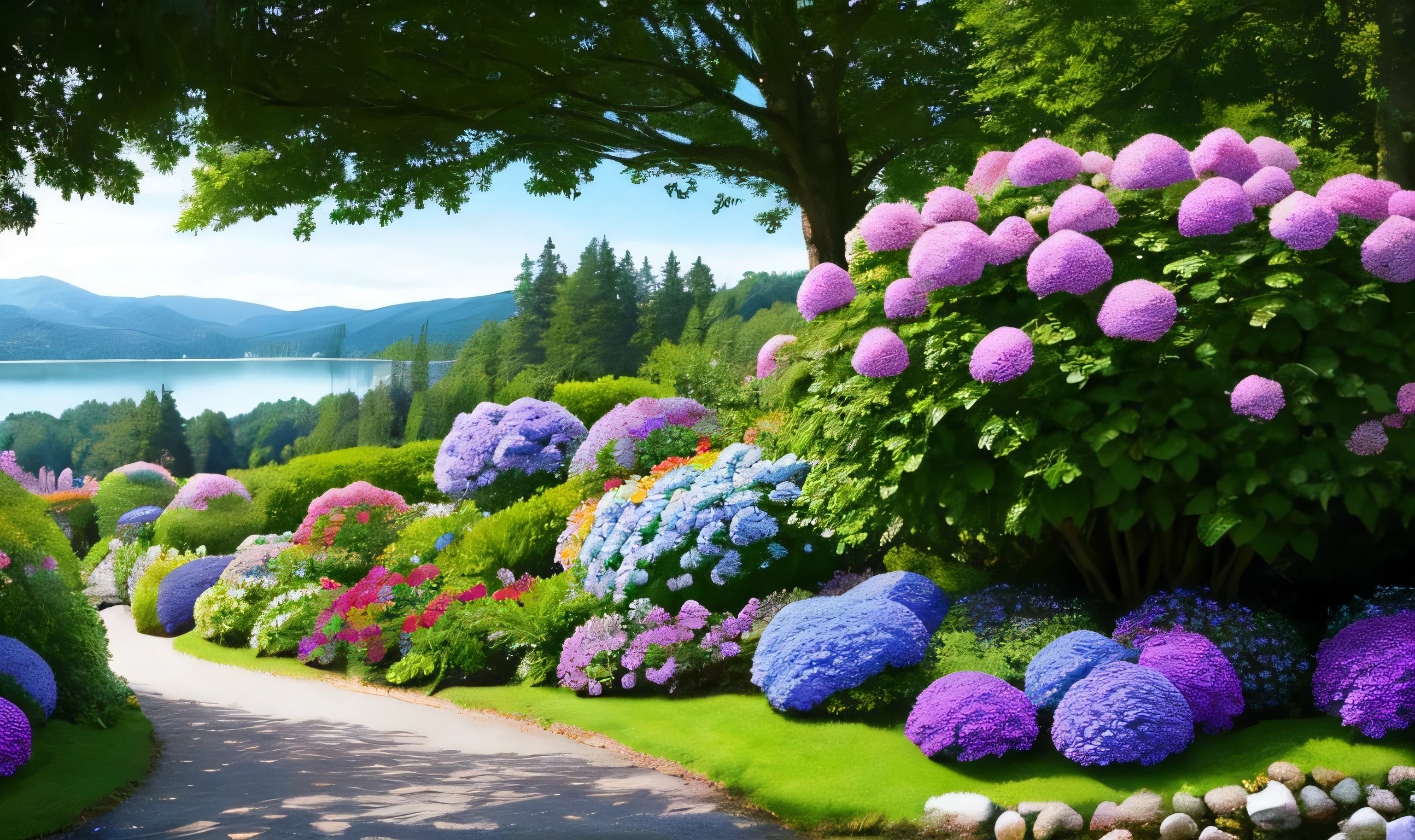 hydrangea, garden, lake, Small hill, Pebble Road, masterpiece, better quality, anatomically correct, advanced details, Stunningly realistic cinematic detail in 8K