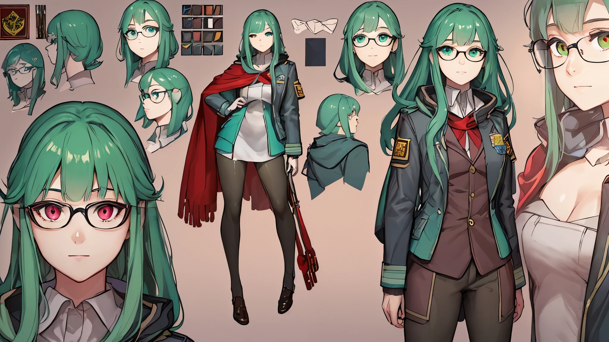 (Masterpiece, best quality), detailed, (1girl), ((character concept art)), ((character design sheet, same character, front, side, back)), many items, (sci-fi spaceship siencist uniform, space traveler, military cloth, many parts), (Green skin tone color:1.5) , (detailed red eyes, (reading glasses)), detailed face, different expressions, (athletic:1.3), red hair,  detailed long hair, formal style haircut, full of details.