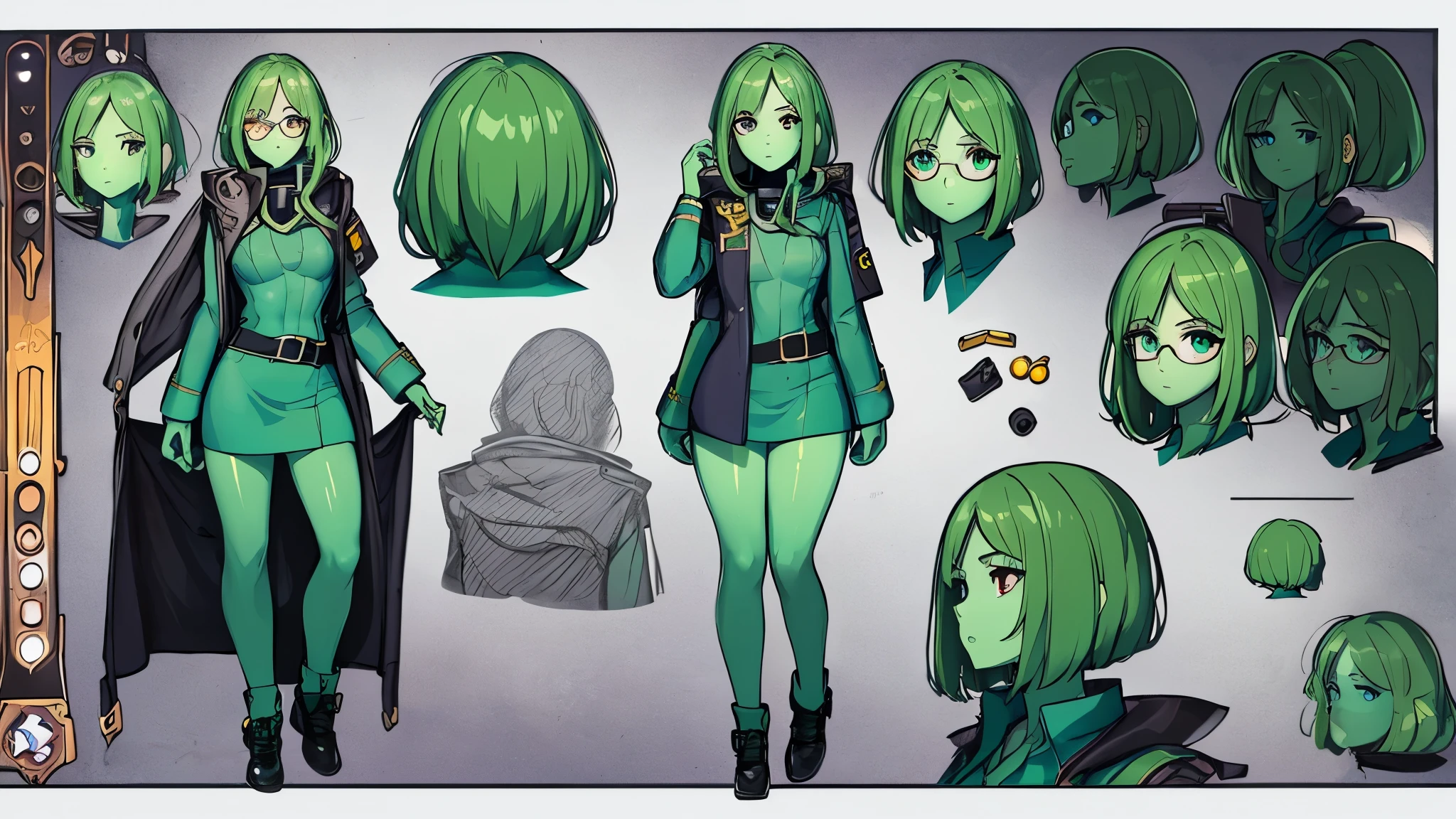 (Masterpiece, best quality), detailed, (1girl), ((character concept art)), ((character design sheet, same character, front, side, back)), many items, (sci-fi spaceship siencist uniform, space traveler, military cloth, many parts), (Green skin tone color:1.5) , (detailed red eyes, (reading glasses)), detailed face, different expressions, (athletic:1.3), red hair,  detailed long hair, formal style haircut, full of details.