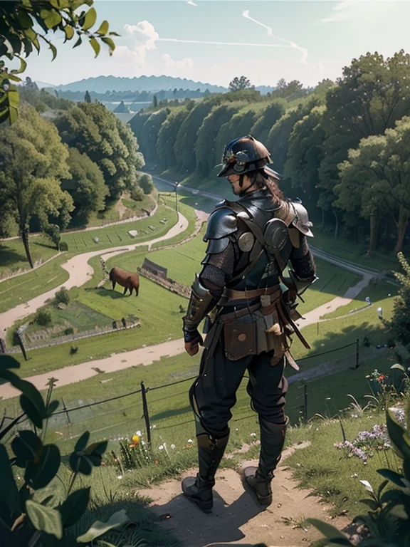  Cartoon style pictures ，(Europe)，（Shooting from above），man,midnight，Overall black tone，Full body metal armor， Medieval dilapidated countryside village，farmland，river，torch，horse，farmer，companion，Soldier，laboeld，farming，(Visor Helmet，In the shadows，Faceless，健壮的man, strong, shabby),dynamic poses， ((Turn your back to the camera，look into the distance，not looking at camera)), 