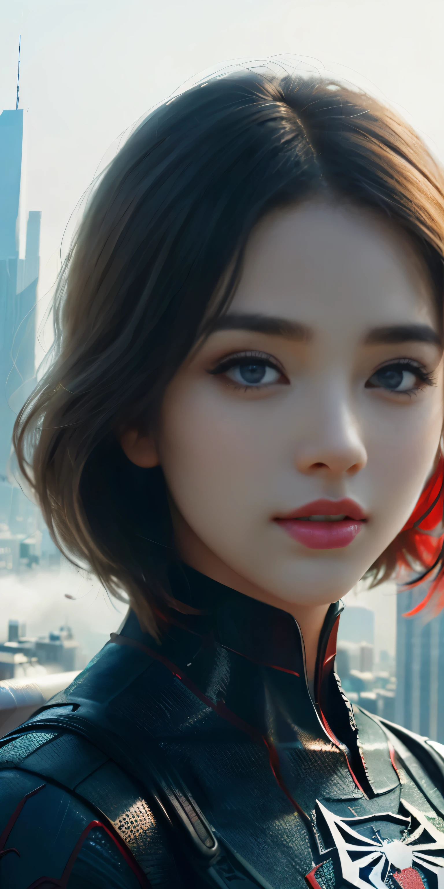 (1girl:1.3), Solo, (((Very detailed face)))), ((Very detailed eyes and face)))), Beautiful detail eyes, Body parts__, Official art, Unified 8k wallpaper, Super detailed, beautiful and beautiful, beautiful, masterpiece, best quality, original, masterpiece, super fine photo, best quality, super high resolution, realistic realism, sunlight, full body portrait, amazing beauty, dynamic pose, delicate face, vibrant eyes, (from the front), She wears Spider-Man suit, red and black color scheme, spider, very detailed city roof background, rooftop, overlooking the city, detailed face, detailed complex busy background, messy, gorgeous, milky white, highly detailed skin, realistic skin details, visible pores, clear focus, volumetric fog, 8k uhd, DSLR, high quality, film grain, fair skin, photo realism, lomography, futuristic dystopian megalopolis, translucent