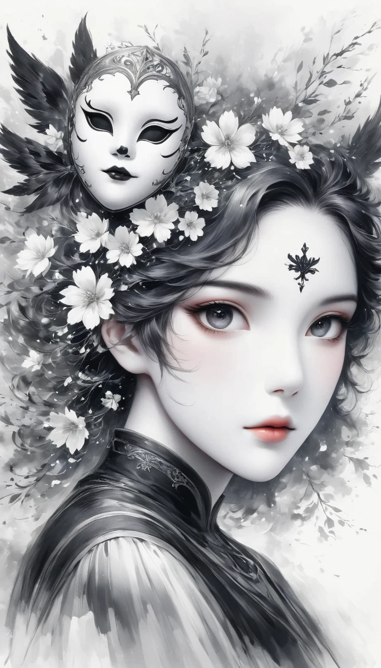 (Anime line drawing:1.5)，(black and white painting:1.45)，Minimalism，(line art:1.6)，sketch，Charcoal drawing，mask，flower,Illustration in surreal art style，surreal dream，Dubrec style,(multiple exposure：1.8),art for coloring book page, 全White背景, Use only contours, line art, coloring book, clean line art,令人惊叹的White墨水coloring book页异想天开的壮丽 , White , (((((纯White背景))))), monochrome, Pure black and white, Draw clear lines, 最高品质的成人coloring book风格, modern anime style, Illustrations that pay homage to Artgerm&#39;s signature style, Alexi Brillot, and Charlie Bovoort, 以数字涂鸦line art风格创建, Draw vector clear lines with ink, Ultra-clean and bold lines found in the cutest cartoon style [Michael Whelan] Less details，Sharp、Clean appearance. The cartoon style is inspired by bold and bright lines