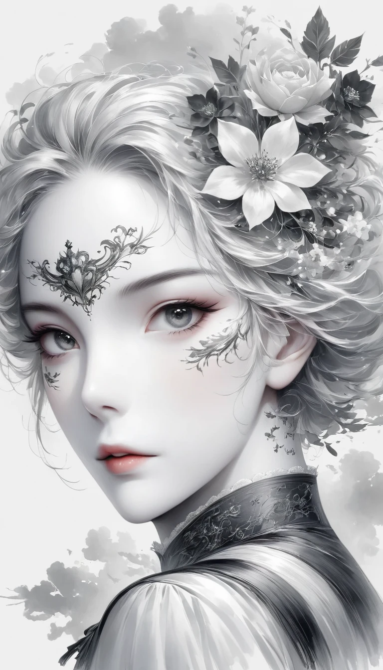 (Anime line drawing:1.5)，(black and white painting:1.45)，Minimalism，(line art:1.6)，sketch，Charcoal drawing，mask，flower,Illustration in surreal art style，surreal dream，Dubrec style,(multiple exposure：1.8),art for coloring book page, 全White背景, Use only contours, line art, coloring book, clean line art,令人惊叹的White墨水coloring book页异想天开的壮丽 , White , (((((纯White背景))))), monochrome, Pure black and white, Draw clear lines, 最高品质的成人coloring book风格, modern anime style, Illustrations that pay homage to Artgerm&#39;s signature style, Alexi Brillot, and Charlie Bovoort, 以数字涂鸦line art风格创建, Draw vector clear lines with ink, Ultra-clean and bold lines found in the cutest cartoon style [Michael Whelan] Less details，Sharp、Clean appearance. The cartoon style is inspired by bold and bright lines