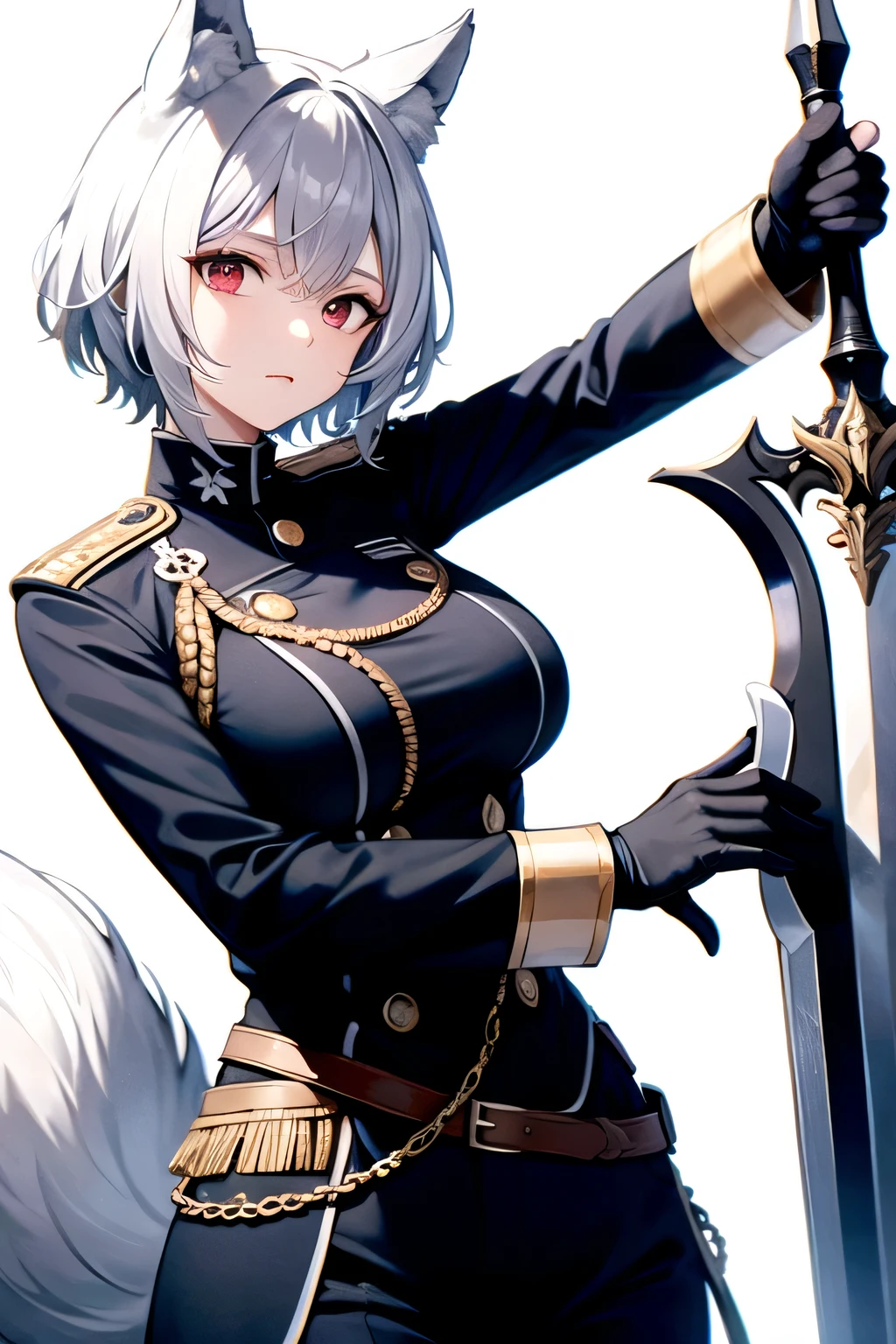 White hair, short hair, wolf ears, black military uniform, red eyes, holding a large sword, standing portrait, white background female