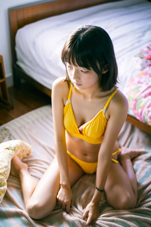 thirteen years old , japanese girl, swimwear, sitdown on the bed