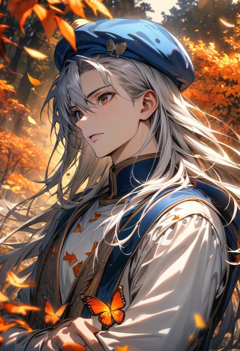 Ultra detailed, highres, absurdres, HDR, Kaito, white long hair, brown eyes, blue hat, white long shirt, Hunter X Hunter, handsome, 1 man only, orange leaves, petals, flowers, butterflies, autumn,